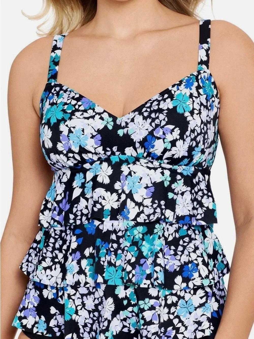 Swim Solutions Black Floral One-Piece with Blue & White Flowers Size 8 NWT - Picture 1 of 1